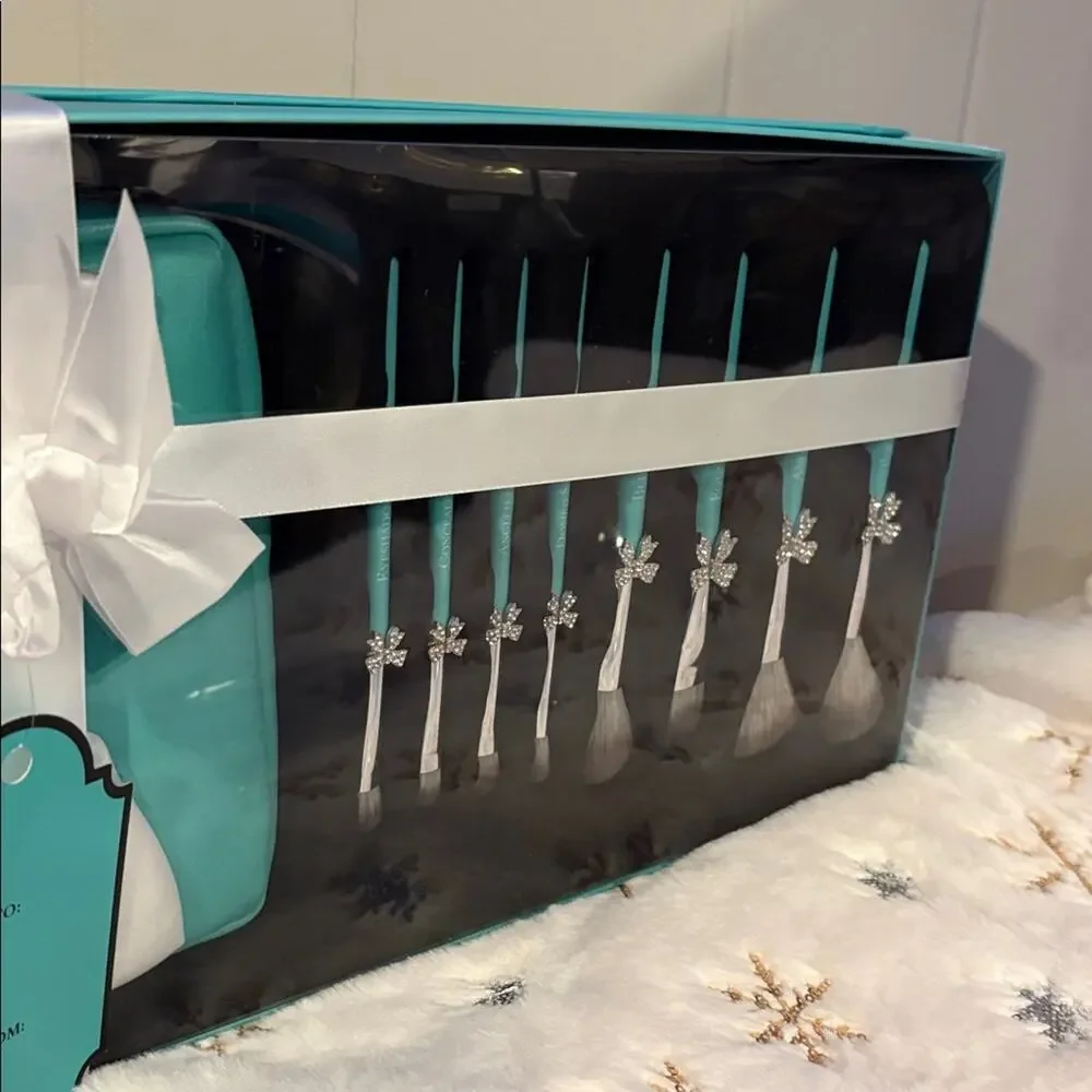 BNWT TIFFANY BLUE Viral Teal Rhinestone Bow Makeup Brush and Case Gift Set
